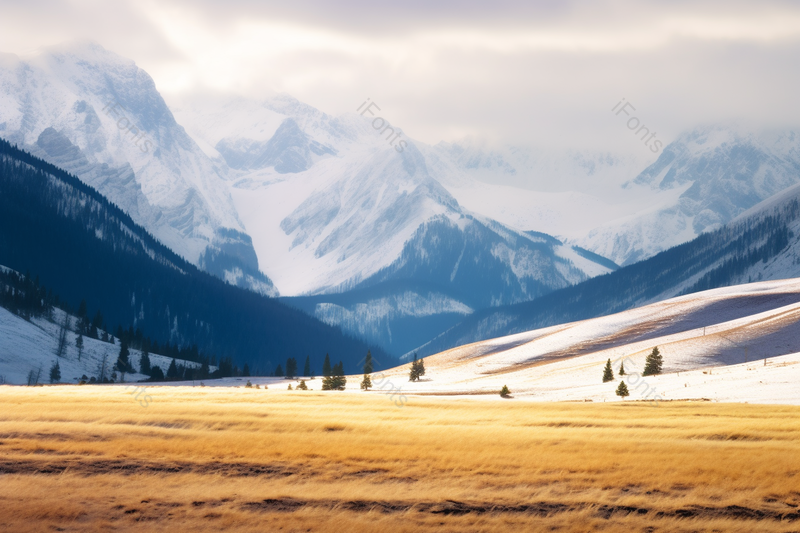 天空下白色的雪山与黄色的草地冬季雪景景观摄影,高清,摄影图,摄影图片,图片大全,摄影图免费下载
